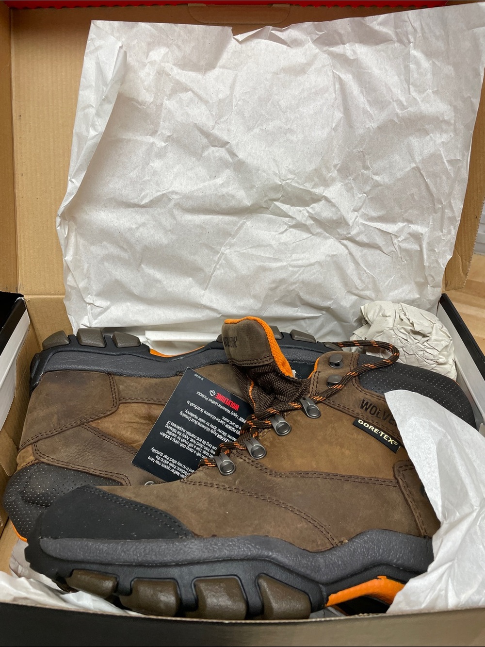Wolverine Brown and Black Men's Work Boots with Orange Harden Hiker